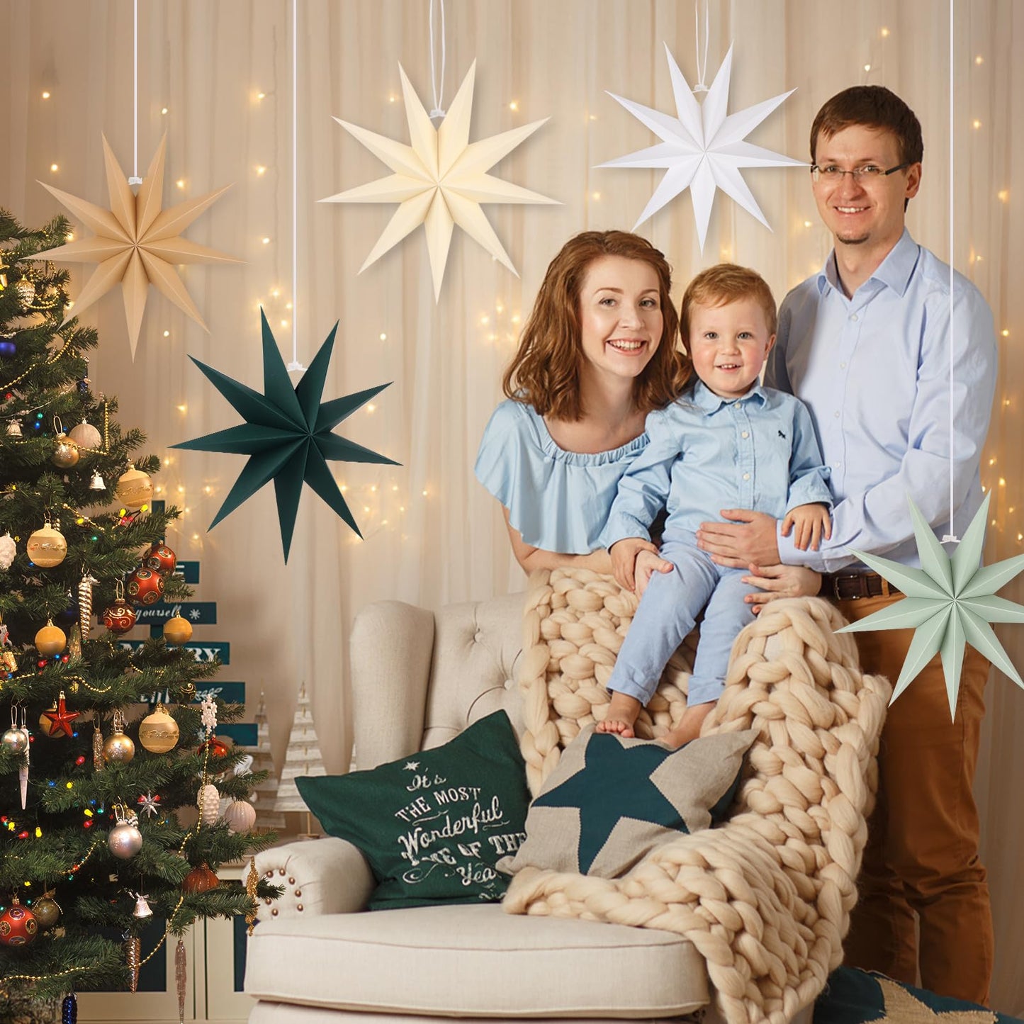 BestoFun 5 PCS 12 Inch Sage Green Paper Star Lanterns - Hanging Stars Christmas Party Decorations