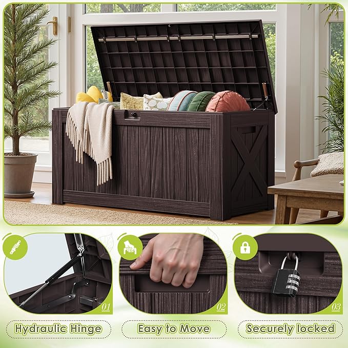 Devoko 125 Gallon Outdoor Storage Box, Waterproof Resin Deck Box for Patio Furniture, Lockable Container for Garden Cushions & Pool Supplies (Brown, 125 Gallon)