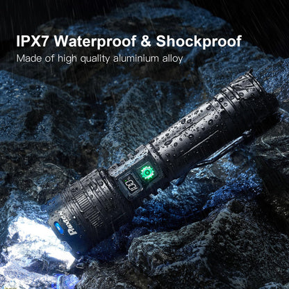 PHIXTON Rechargeable Torch LED Super Bright 1000000 Lumens Single One Mode, Long Distance 1000 Meters Powerful Flashlight Zoomable, Long Lasting 10H Strong Touch, USB C Input Output & Digital Display