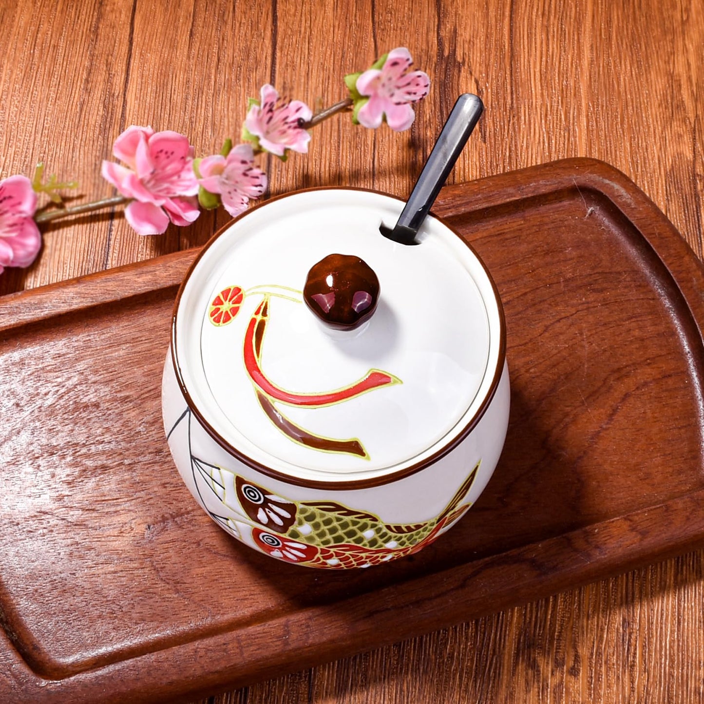 LMRLCS Ceramic Sugar Bowl with Lid and Spoon - 10oz Small Spice Jar with Japanese Koi Fish Design - Decorative Seasoning Container for Salt, Lard, Chili Oil & Condiments, Farmhouse Kitchen Decor