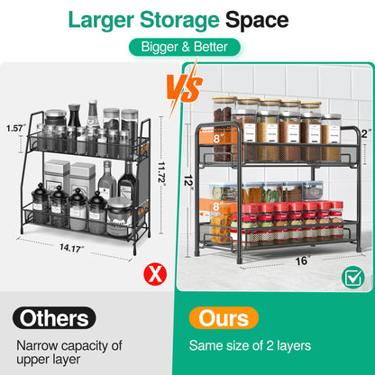 Spice Rack Organizer for Countertop,Xpatee 2-Tier Foldable Metal Rust-Proof Standing Large Seasoning Storage Shelf with Guardrail and Mesh Design for Kitchen Cabinet Bathroom Living Room Pantry, Black