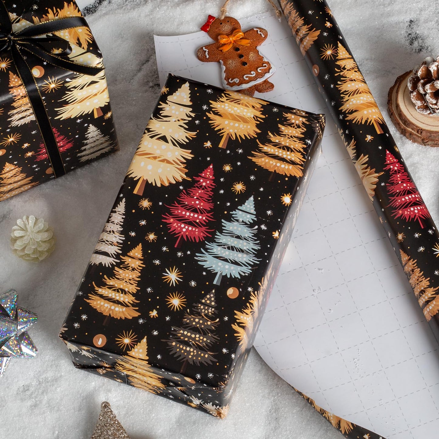 Garbendy Christmas Wrapping Paper Roll - 17 Inch X 32.8 Feet - Colorful Gold ChristmasTree Forests Design with Cut Lines on back for Christmas, Holiday, Party, Celebration