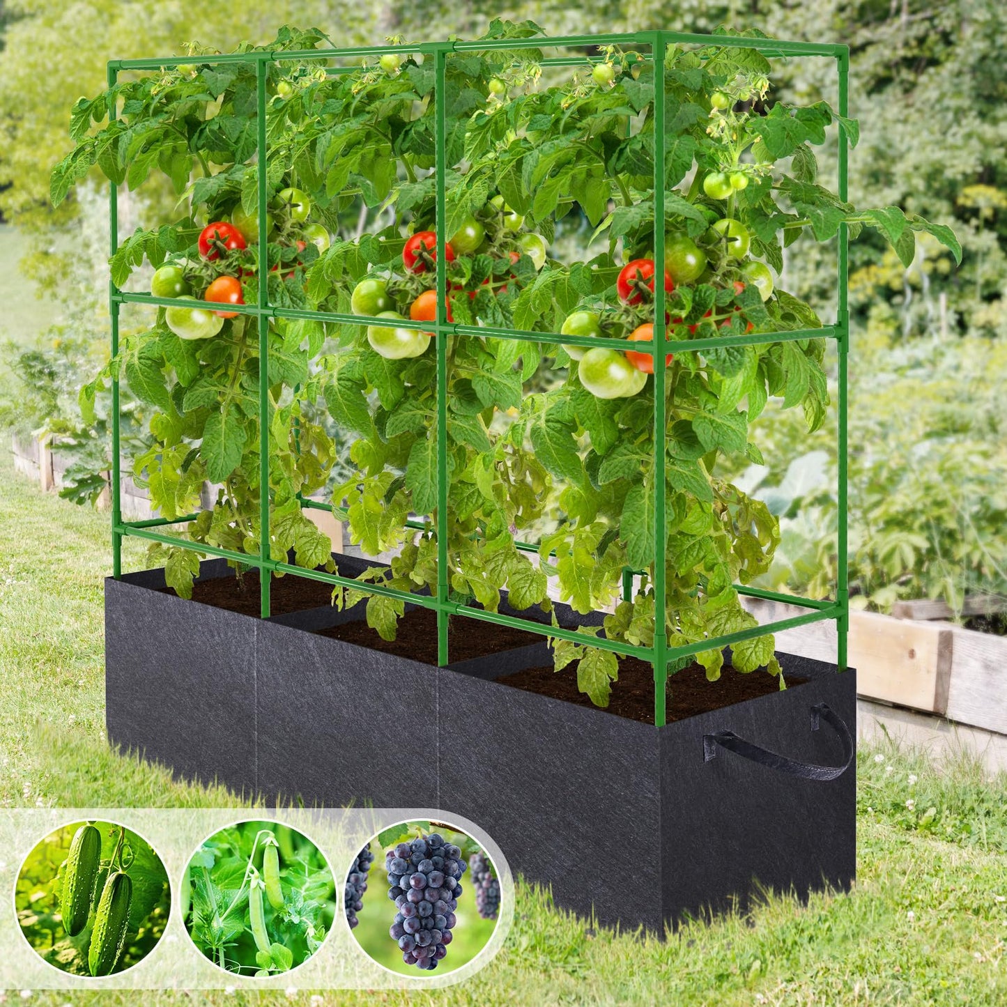 51x17x49 Inch Garden Tomato Cages with 46 Gallon Grow Bags, Square Plant Support Trellis Assembled with Planter Bags, Garden Cucumber Vegetables Frames for Vertical Climbing Plants