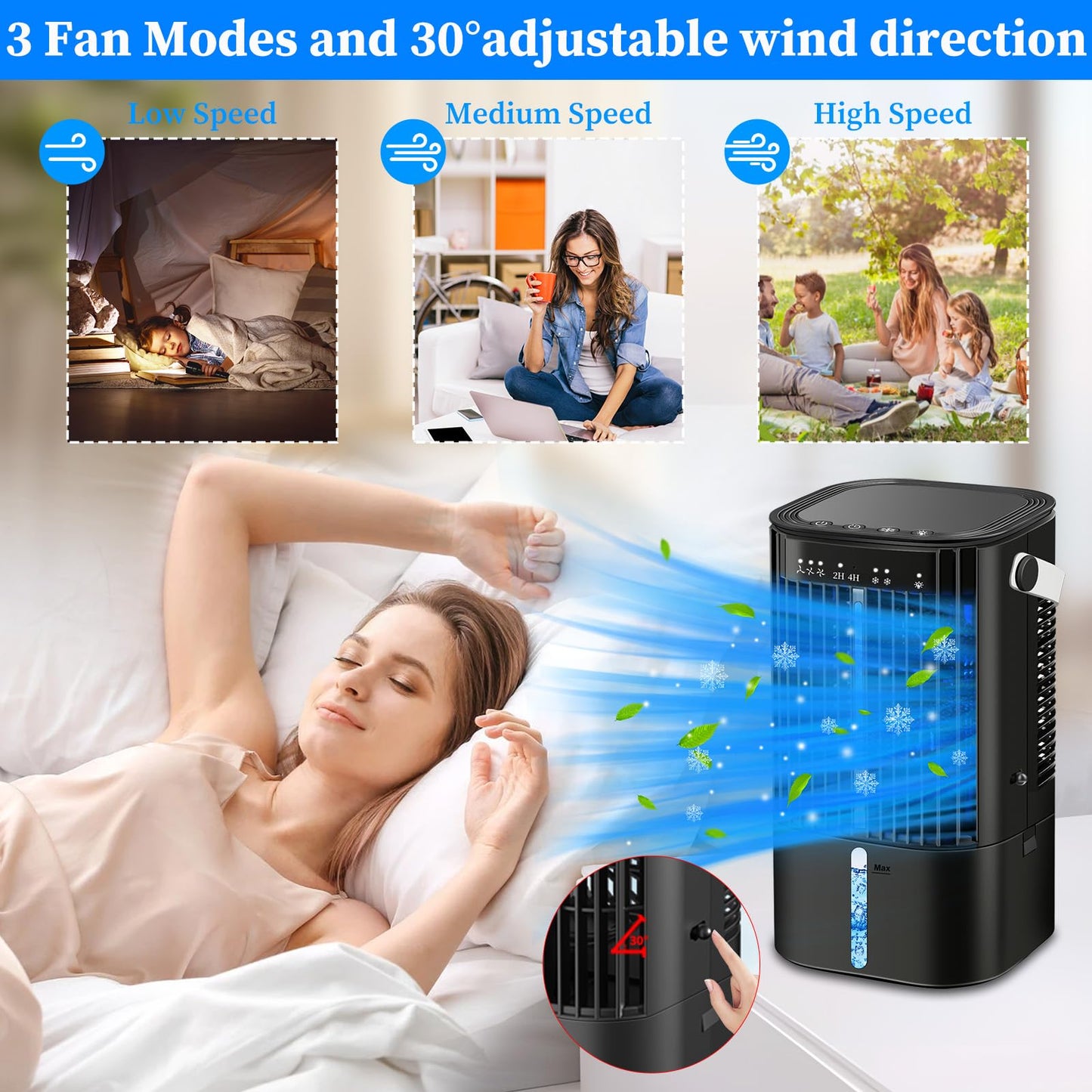 Upgraded Portable Air Conditioners- Evaporative Air Cooler,Portable AC with 3 Wind Speed & Mist, Mini Cooling Fan Personal Air Conditioner with 7 Night Light & 2-4H Timer for Bedroom Office Home-Black