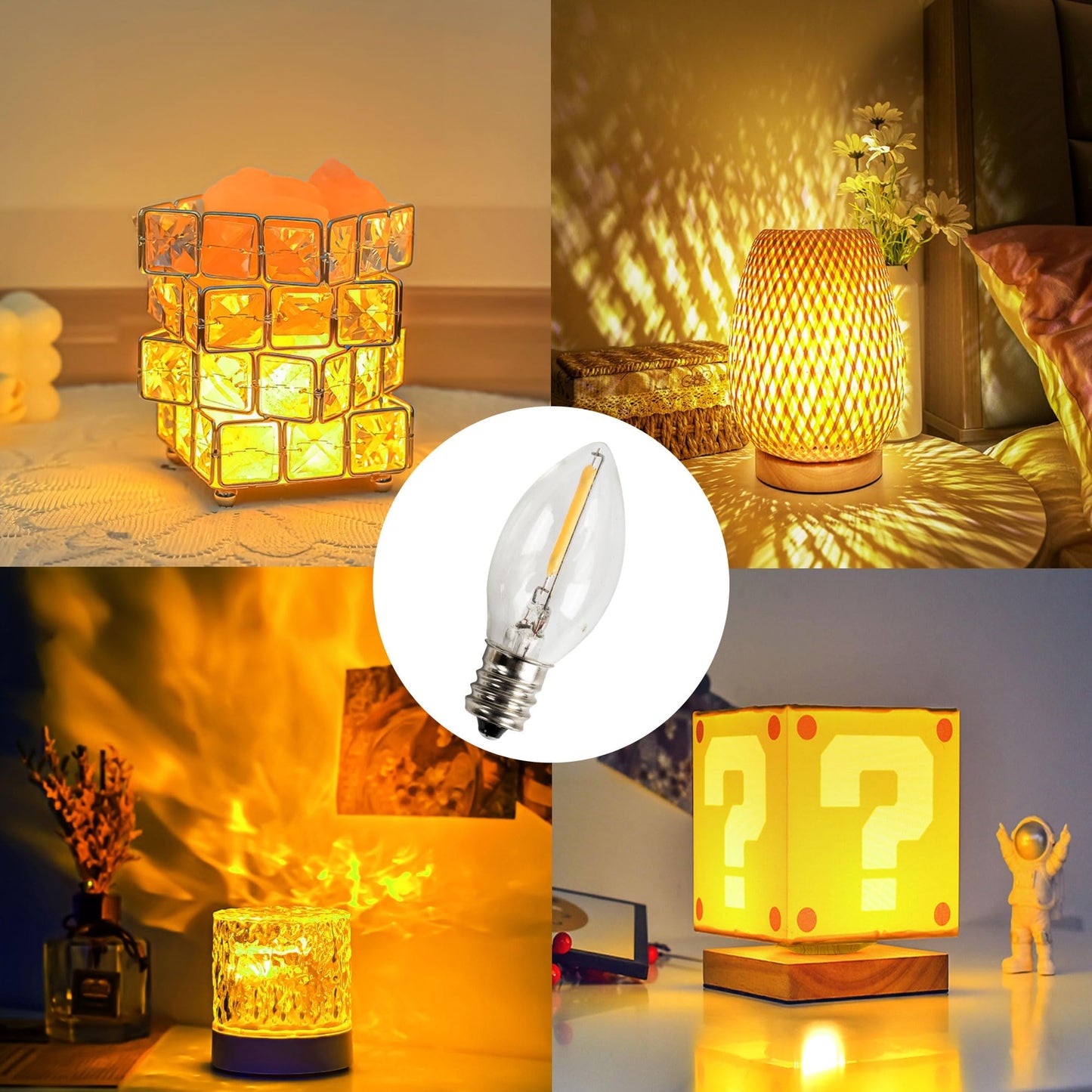 Dazzle Bright 4 Pack 6 FT Accessory Cord with LED Light Bulb E12 Socket White Cord with On/Off Switch Plug, C7 Candelabra Light Bulbs for Holiday Decorations, Christmas Village House, Pumpkin Lights