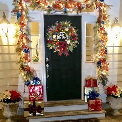 Prelit Christmas Wreath for Front Door Outside,22 inch Be Merry Wreath with red Black Buffalo Plaid Bow,Lighted Farmhouse Christmas decoration-30 LED Light/Timer,Winter Door Wreath, Porch Decor