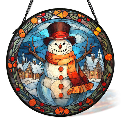 cvjutf Christmas Snowman Suncatcher Stained Glass Window Hanging Decor, Winter Snowman Stained Glass Wall Decor, Christmas Garden Sun Catchers Indoor Window Hanging Wall Art, 7.9x7.9In