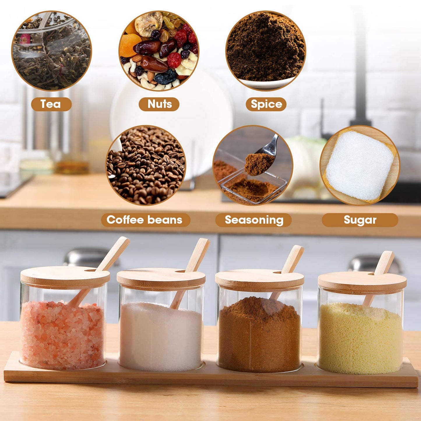 Zubebe 8 Pcs 10 oz Clear Glass Seasoning Jar with Wooden Lid and Spoon Adorable Sugar Condiment Jar Canisters Pot Set Bath Salt Sugar Storage Container Box for Home Cafe Kitchen