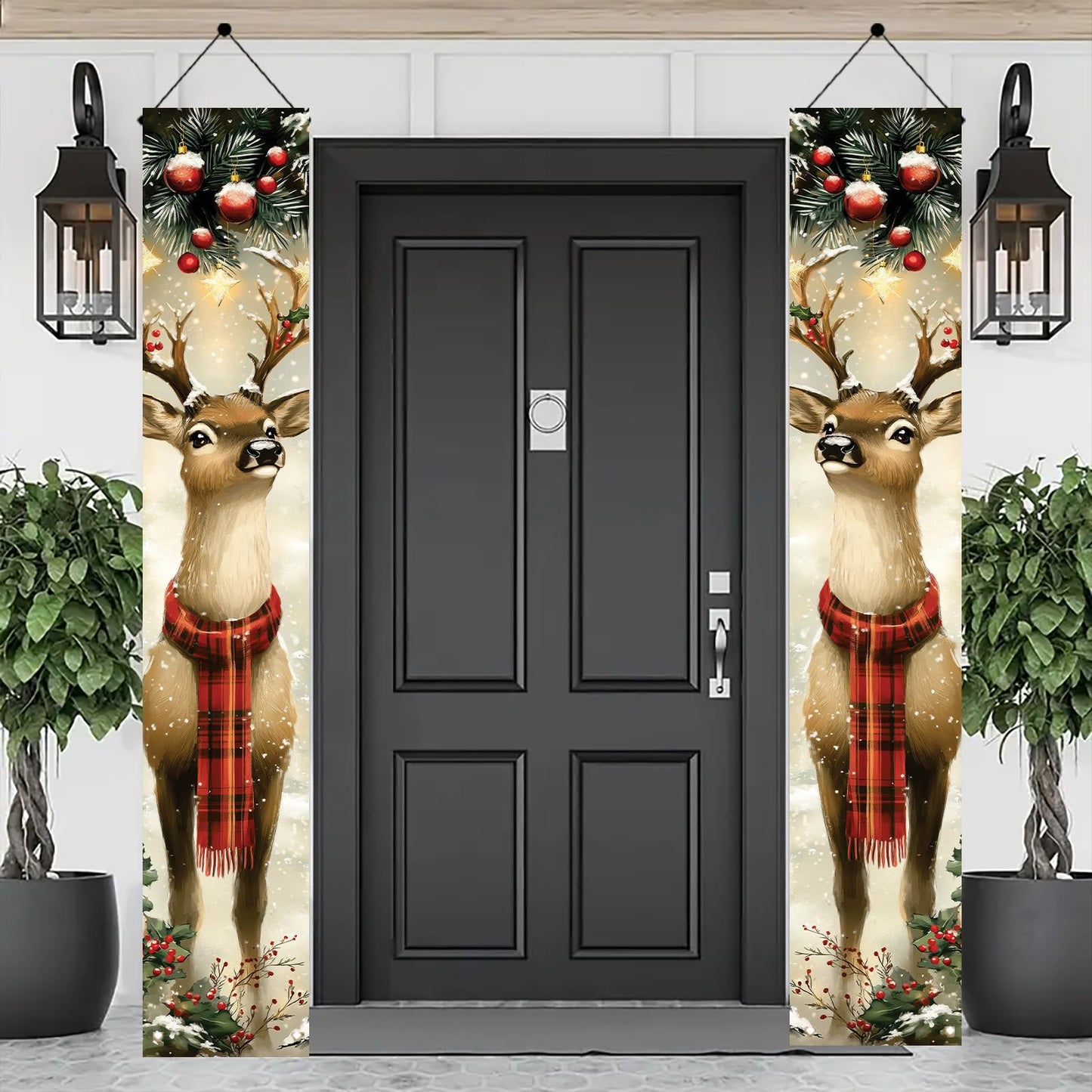 Saoplasa 2PCS Christmas Porch Banner Reindeer with Scarf Vertical Hanging Decorations for Front Door Outdoor Winter Holiday Welcome Sign Plaid Deer Wall Decor Xmas Entryway Background 71 x 12 Inch