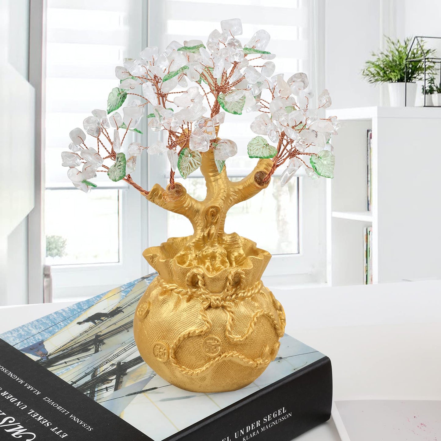 Rockcloud Crystal Money Tree with Golden Money Bag, Feng Shui Cabinet Decoration for Wealth and Luck Bonsai Home Office Ornament, Rock Crystal