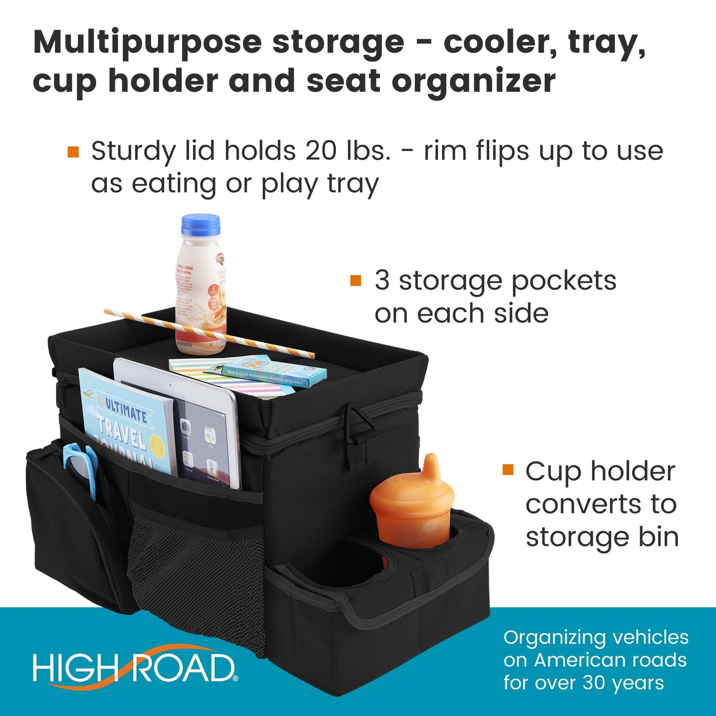 High Road CarHop Car Seat Organizer for the Front or Back Seat for Kids and Adults with Cup Holder Tray, Side Pockets and Cooler Compartment