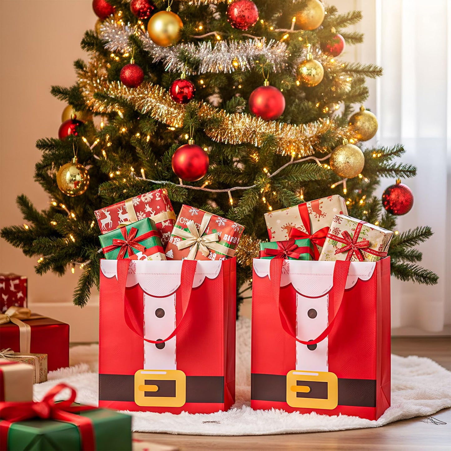 Threlaco 30 Pcs Christmas Gift Bags Bulk Reusable Non Woven Santa Claus Goodie Treat Bags with Handles for Xmas Holiday Party Favors Gifts Wrapping, 10 x 8 x 4 Inch