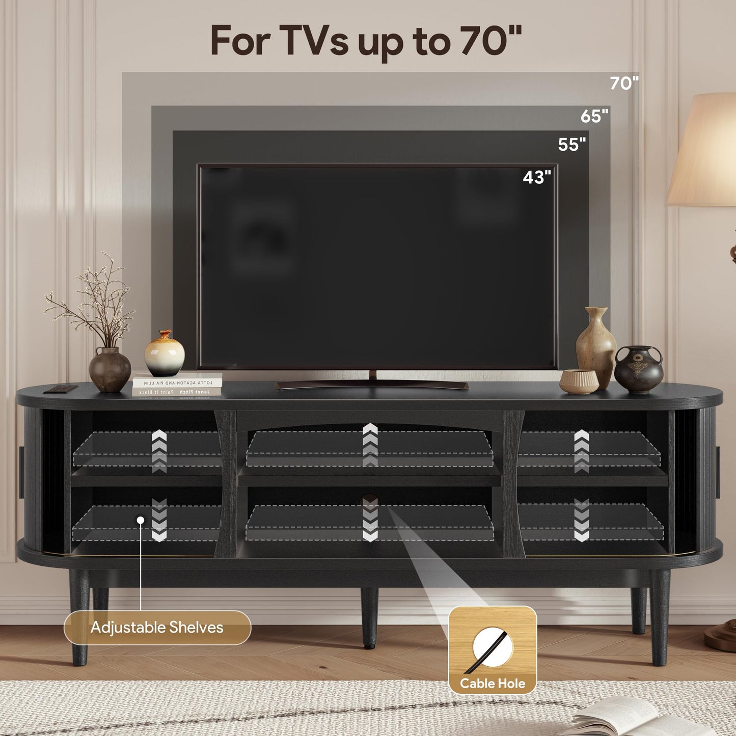 Decofy Mid Century TV Stand for TVs up to 70 Inches, Entertainment Center with Storage, Power Outlet, Fluted Sliding Doors & Adjustable Shelves, Modern Media TV Console Table for Living Room (Black)