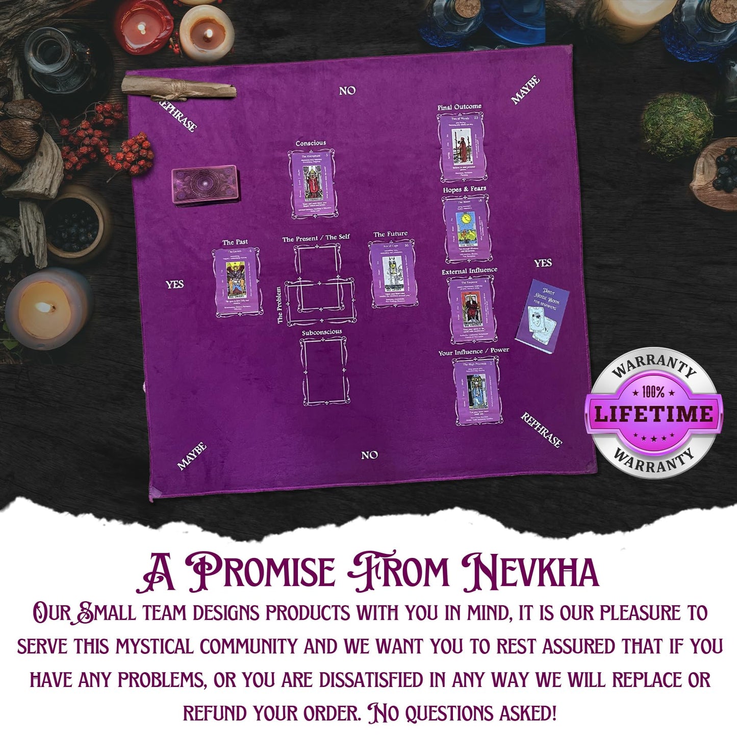 Purple Velvet Tarot Cloth for Reading 27x27 - Tarot Mat with Celtic Cross Spread Guide, Pendulum Mat & Divination Altar Tablecloth, Witchcraft & Crystal Ritual Pouch Included