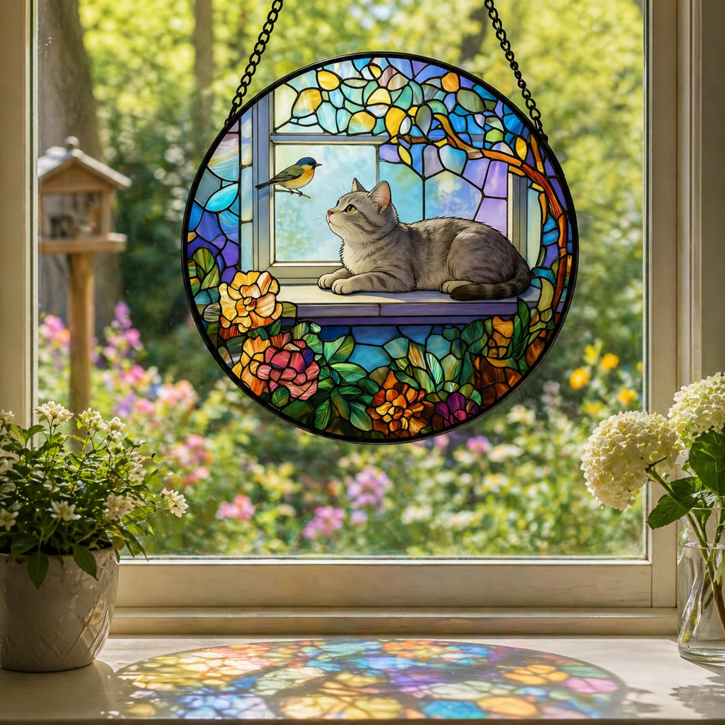 Stained Glass Window Hanging Gray Cat & Bird Design, Suncatcher for Window, for Cat Lovers & Stained Glass and Christmas, Mother's Day Father's Day Birthday