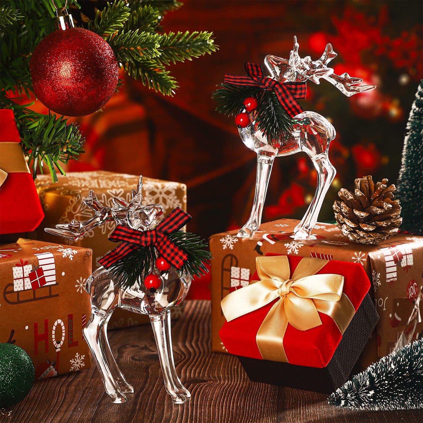 Bucherry 2 Pcs Christmas Reindeer Figurines Decoration Acrylic Deer Decor Christmas Holiday Reindeer Figurine Statues with Red Berries Bow Home Xmas Deer Decor Holiday Party Supplies(Basic Style)