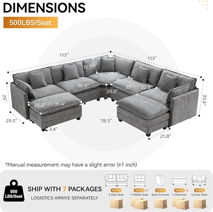 113'' V Shaped Cloud Sectional Sofa, Oversized Deep Seat Couches