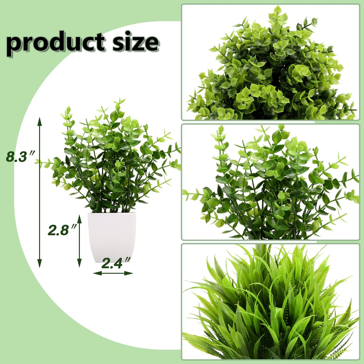 GREENTIME 3Pack Mini Fake Plants in Pots Artificial Plastic Eucalyptus Plant Wheat Grass Potted Faux Greenery Indoor for Office Desk Coffee Table Bathroom Bedroom Home Decorations