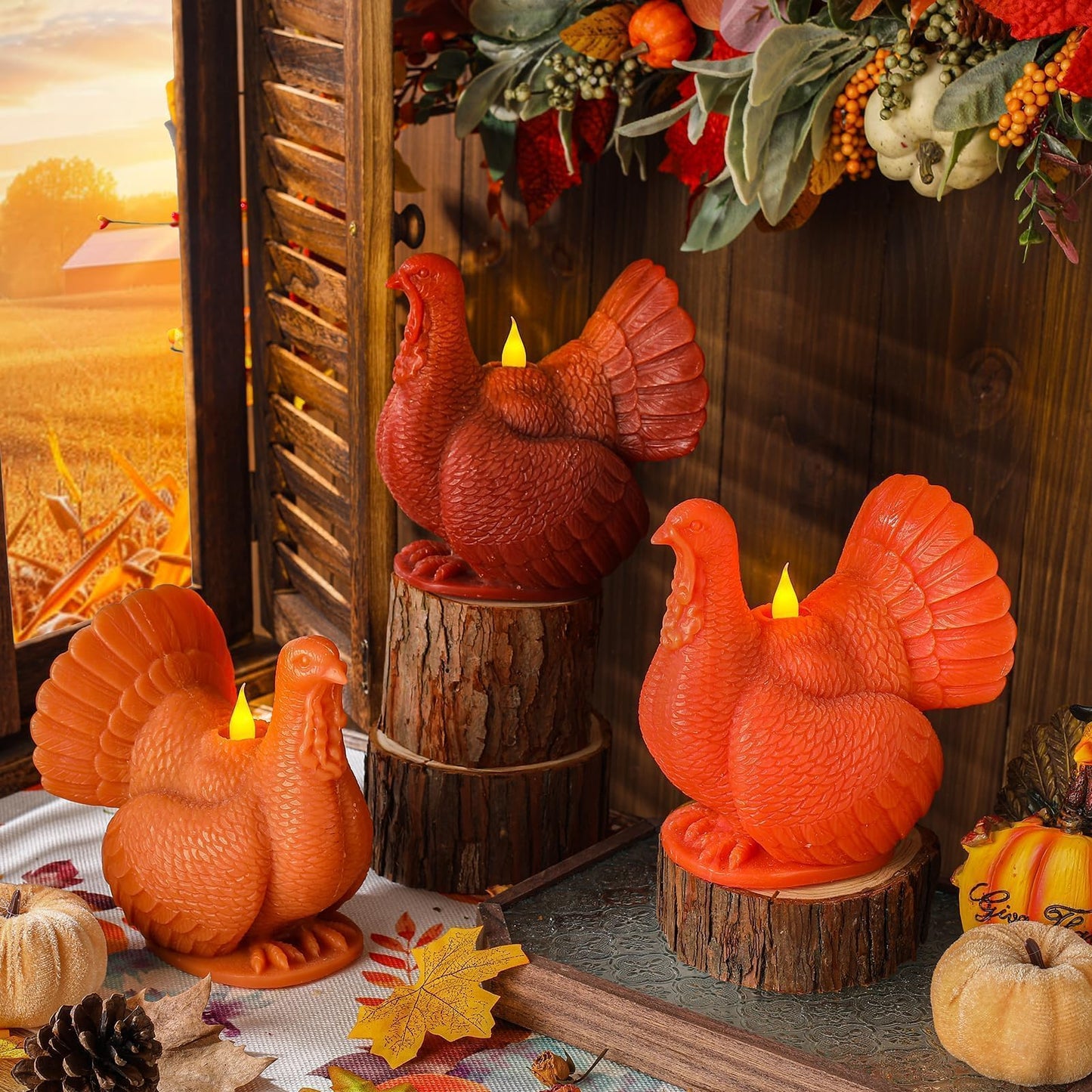 LCZLUMIPRO Set of 3 Autumn Harvest Flameless Candles - Real Wax Turkey Shaped LED Candles with Remote Timer, Battery Operated for Fall Thanksgiving Table & Winter Home Decor