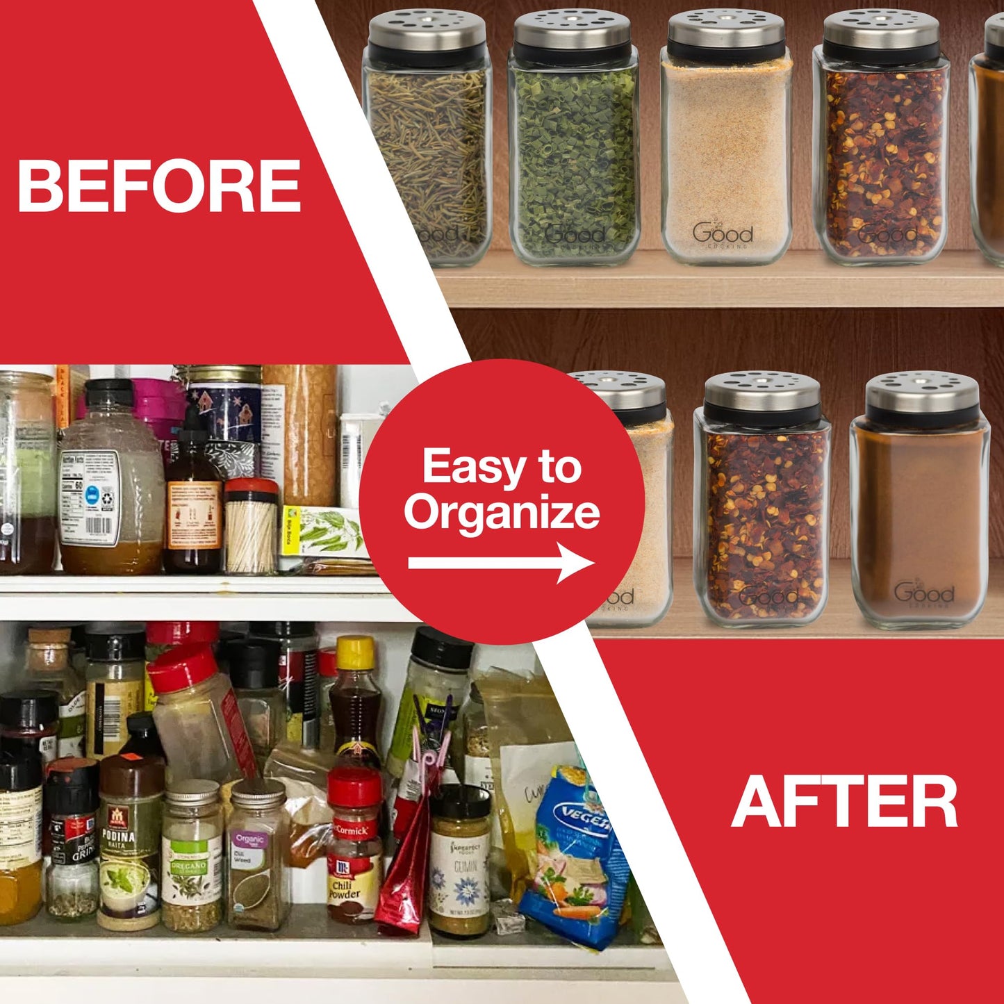 Adjustable Glass Spice Jars (Set of 12) with 6 Pouring Sizes- Stainless Steel Lid/Cap- Square Seasoning Bottle Containers for Minimalist Kitchen Pantry Storage Organization- Fill Shaker w Salt Pepper