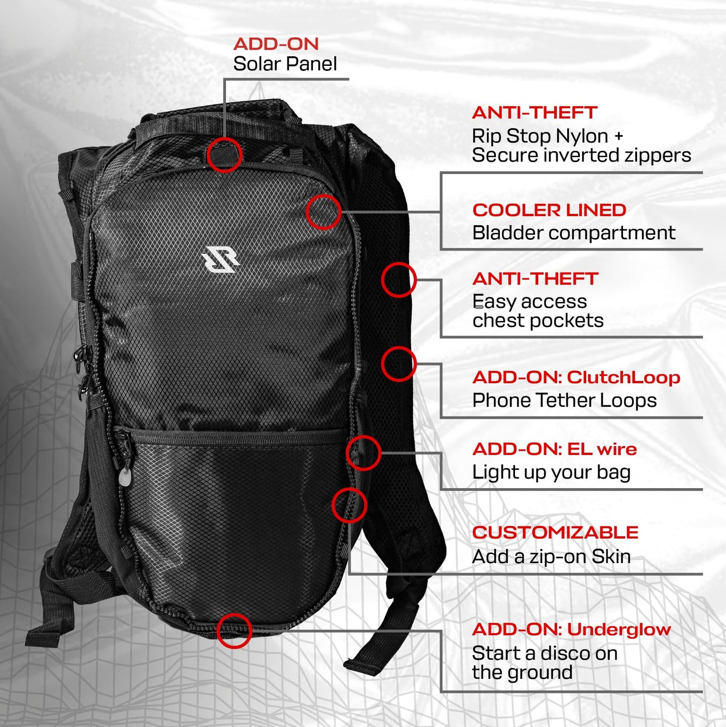 RAVERUNNER® Anti-Theft Hydration Backpack | Festival Approved Rave Backpack for Concert Goers, Leak-Free Festival Water Backpack for EDC, Rave Hydration Pack (Black)