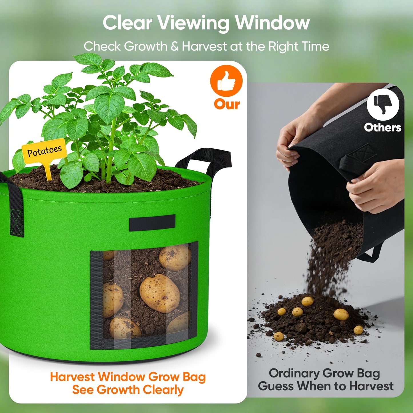10 Gallon Potato Grow Bags: 5 Pack 350G Heavy Duty Thickened Grow Bags with Clear Harvest Window & Durable Handles - Felt Nonwoven Fabric Pots Planting Container for Plants Vegetable Flowers Herbs