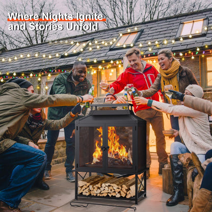 VELUVIA Metal Outdoor Fireplace for Patio - 39" H Square Chiminea Fire Pits Outside Wood Burning with Grill, Mesh Spark Screen & Fire Poker, for Garden, Backyard, Party, Camping, Picnic, BBQ, Bonfire