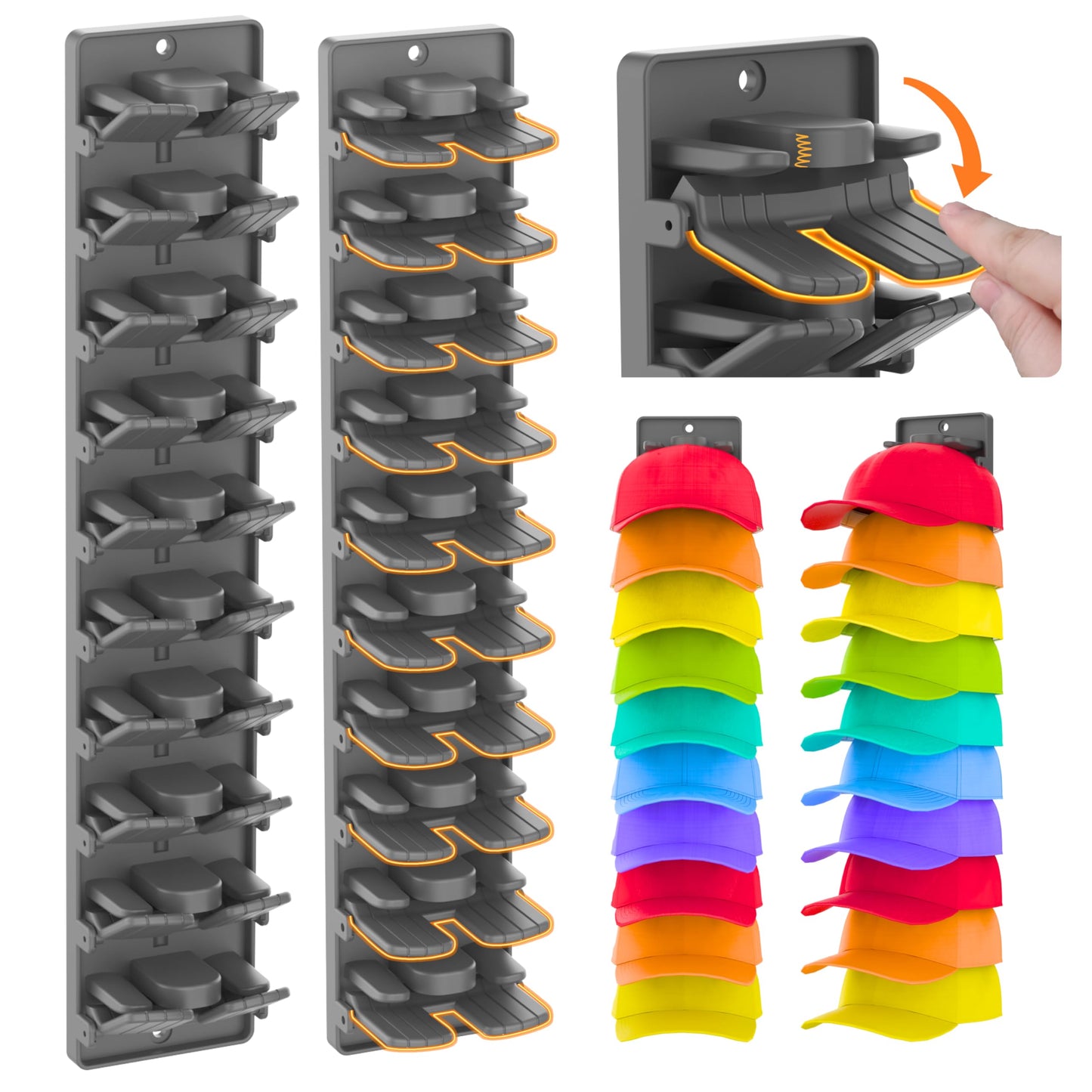 BRUBEQO Hat Organizer for Baseball Caps 2 Packs with Built-in Spring Clips - Wall Mount Closet Hat Rack Holder,Storage for Door/Closet Display Hat Racks Hanger (Strong Adhesive & Screws) Matte Black.