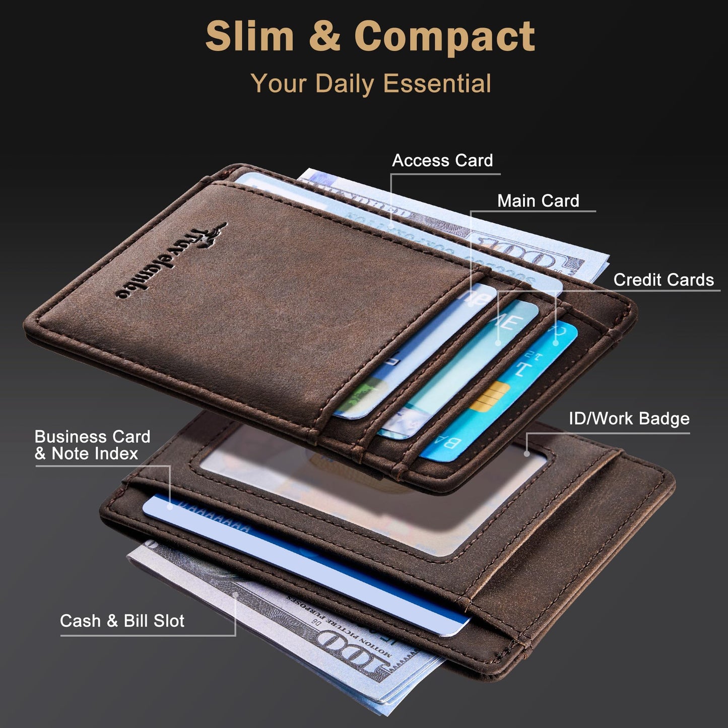 Travelambo Slim Wallet Front Pocket Minimalist Leather RFID Blocking Medium Size