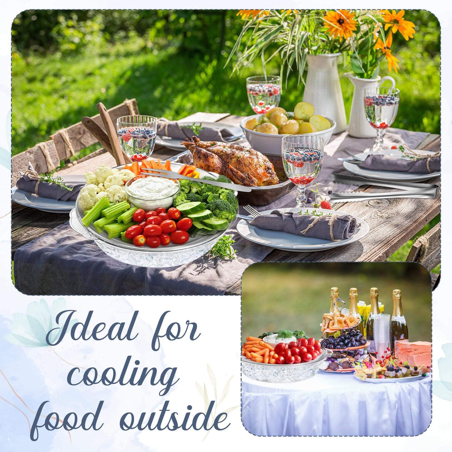 Baderke 4 Sets 11.8" Chilled Serving Tray for Parties Round Iced Platter with Ice Underneath Stainless Steel Clip Fruit Fork Shrimp Cocktail Serving Dish for Oysters Crawfish Fruits (Original)
