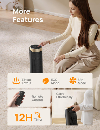 Dreo 16 Inch Electric Heater for Home, 34dB Silent Ceramic Heater, 70° Oscillation Space Heaters Energy Efficient, 3-Mode 3-Speed, Overheating & Tip-Over Protection, 12H Timer, Solaris Slim H3