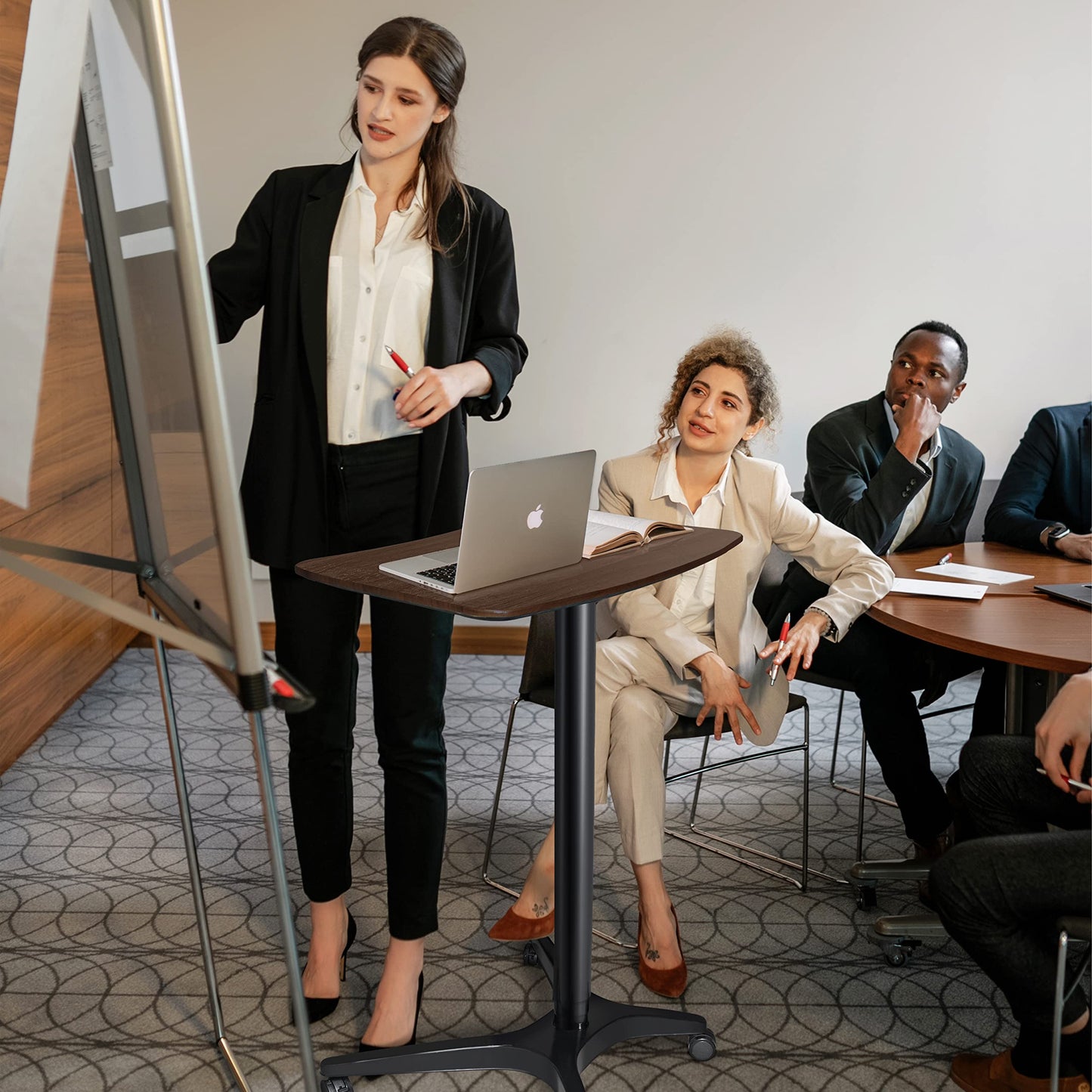 HAOOAH Pneumatic Adjustable Height Desk, Laptop Standing Desk, Rolling Sit-Stand Cart, Mobile Podium Portable Lectern for Home, Office& Classroom, 26" 19.3" Platform (29" to 46.9" H)，Brown