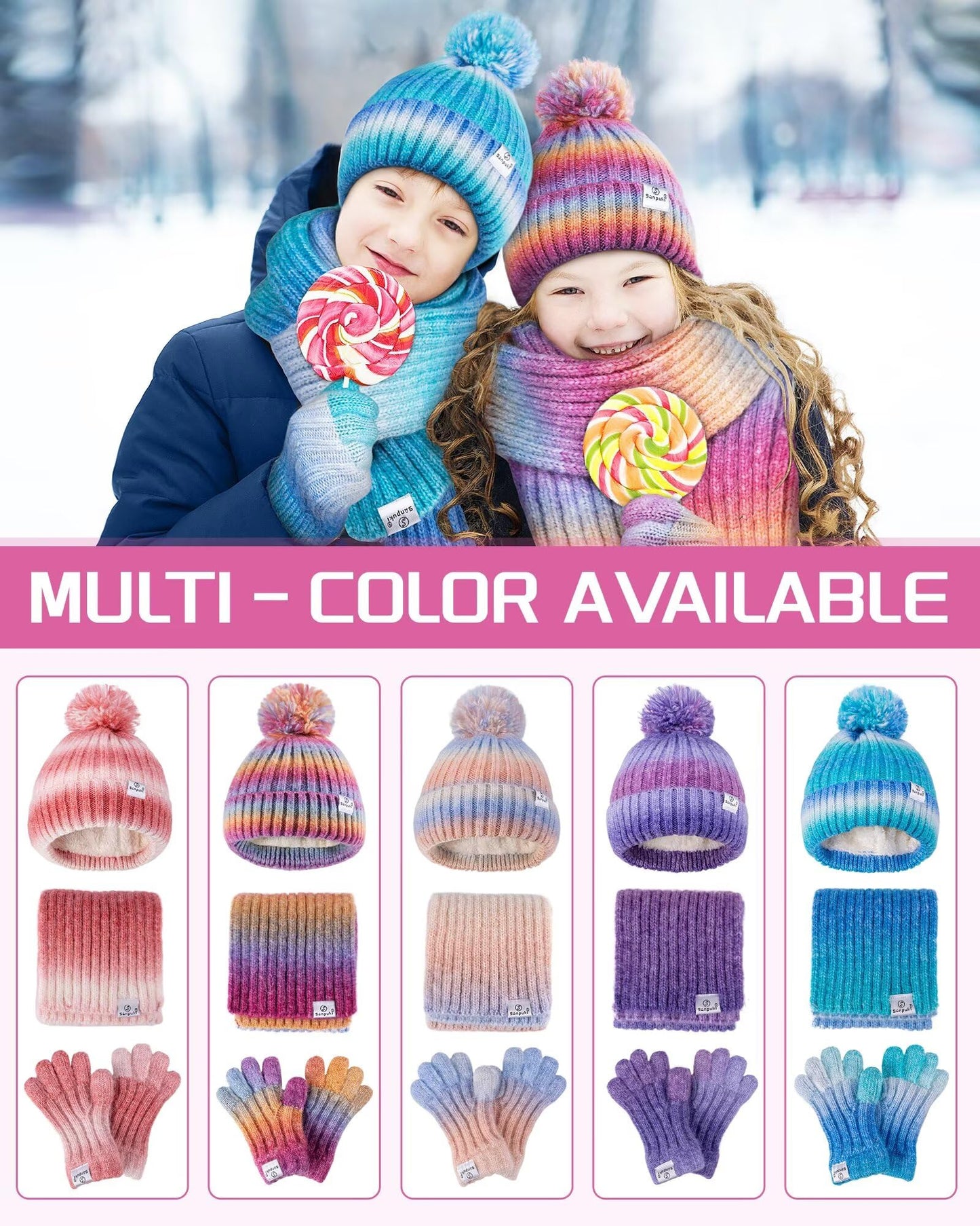 Kids Winter Beanie Gloves Scarf Set,Girls Toddler Winter Hat With Pom Neck Warmer Gaiter Mittens Fleece Lined Set Christmas Gift for Kids