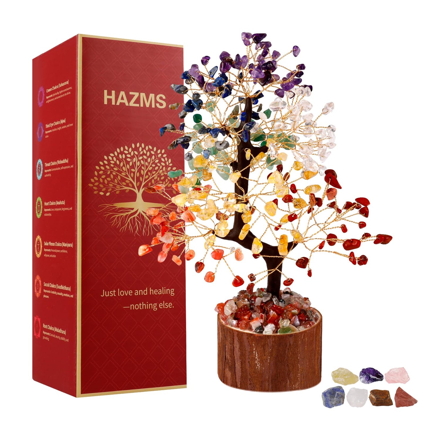 Hazms 7 Chakra Crystal Tree of Life - 8.7 Inches Healing Crystal Tree and 7 Crystals Office and Home Decor Positive Energy Seven Chakra Trees and Healing Stones Spiritual Birthday Gifts for Women