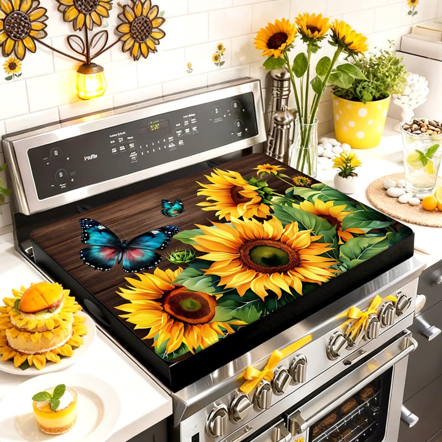 Sunflower Stove Top Cover for Electric Stove, Blue Butterfly Range Covers, Yellow Flower Range Top Mats, Spring Summer Cooktop Cover 28x20 inch, Glass Cooktop Covers for Kitchen Holiday Home Decor