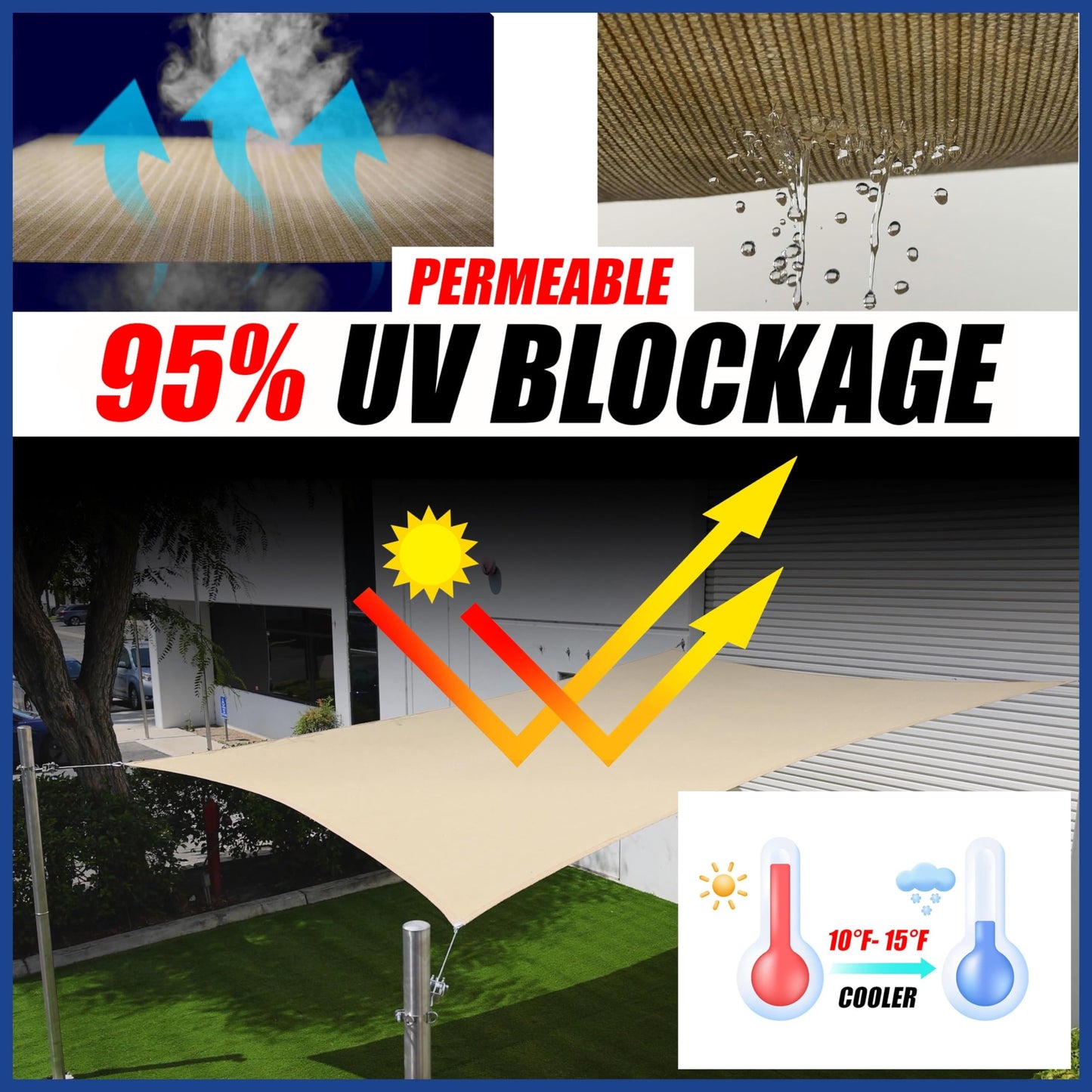 ShadeMart 12' x 12' Beige Sun Shade Sail Square Canopy Cloth Fabric Screen SMSL, Water and Air Permeable & UV Resistant, Heavy Duty, Carport Patio Outdoor - (We Customize Size)