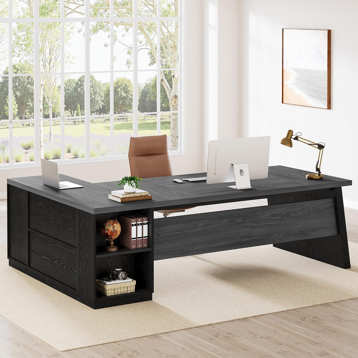 Tribesigns 78" L Shaped Desk with Drawers, Lage Office Desk with Storage Shelves, Modern Corner Computer Desk for Home Office (Gray and Black)