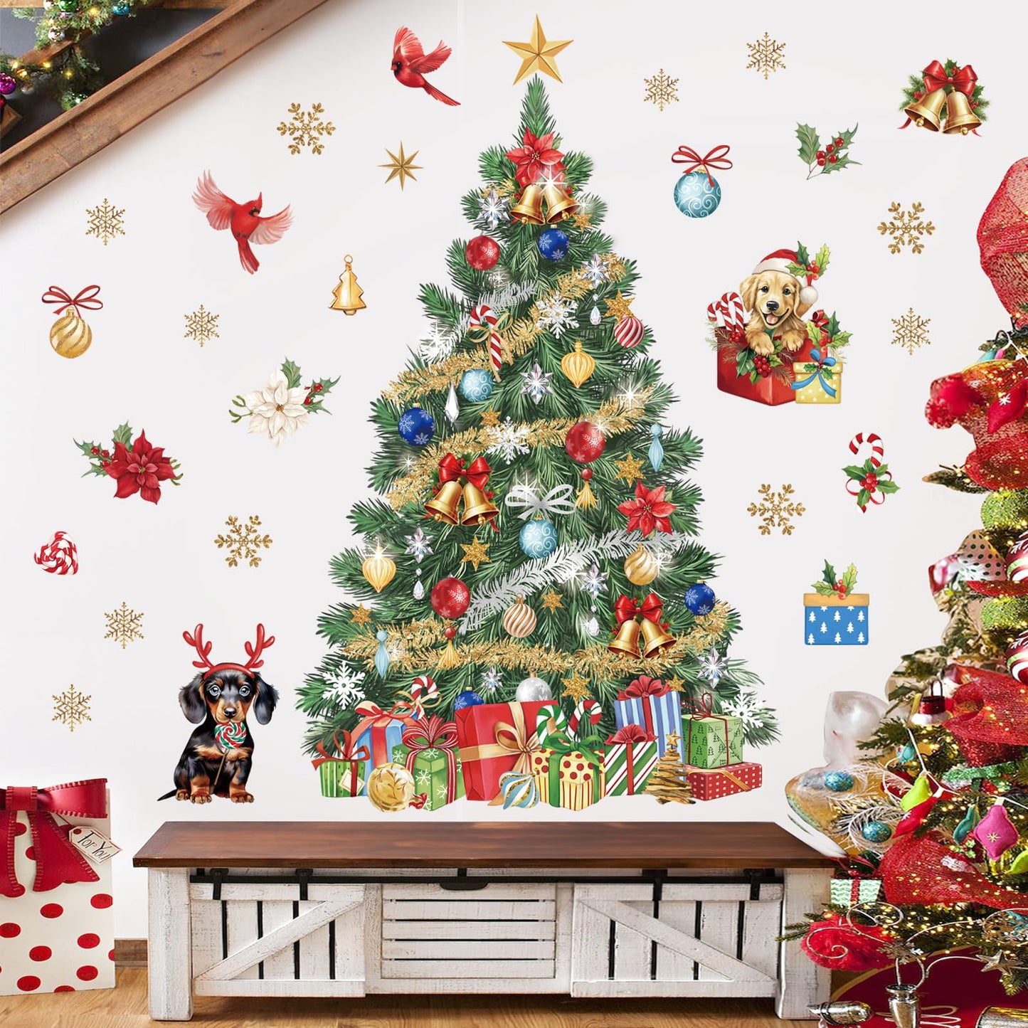 wondever Large Christmas Tree Wall Stickers Evergreen Tree Christmas Flowers Dogs Cardinal Birds Window Wall Art Decals for Christmas Party Window Xmas Home Party