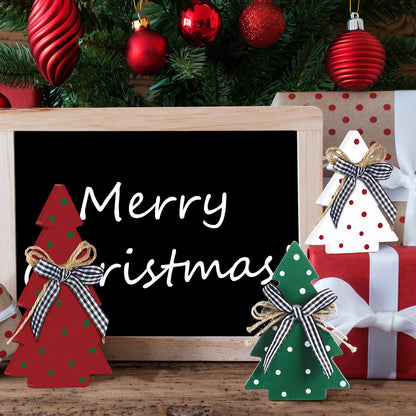 Yookeer Christmas Decor 3 Pieces Wood Table Rustic Christmas Tree Farmhouse Wooden Xmas Centerpiece for Small Table Xmas Trees Red Green Tiered Tray Party Decoration(Polka Dot Style)