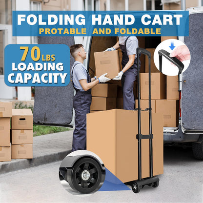 ZHJINGYU 70lbs Folding Hand Truck | Sack Barrow | Steel Foldable Trolley | Adjustable Baseplate & Bungee Cords | 2 Wheel | Folds into Backpack for Lifting Luggage Travel Auto
