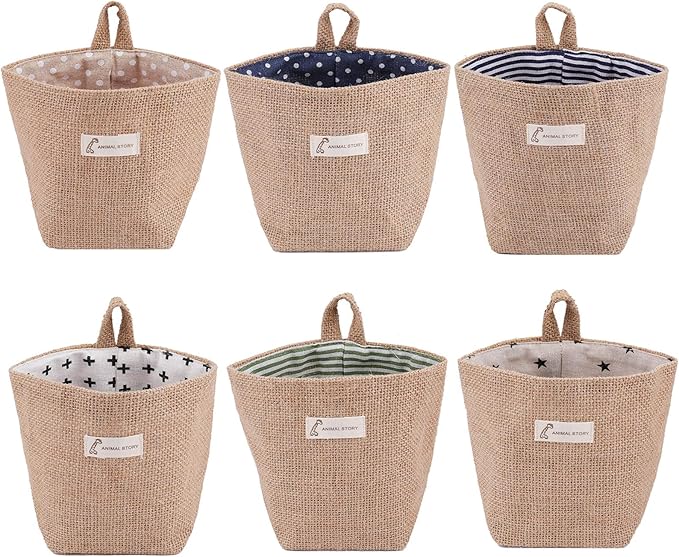 Foraineam 6 Pack Mini Hanging Storage Bag Cotton Linen Decorative Wall-Hanging
