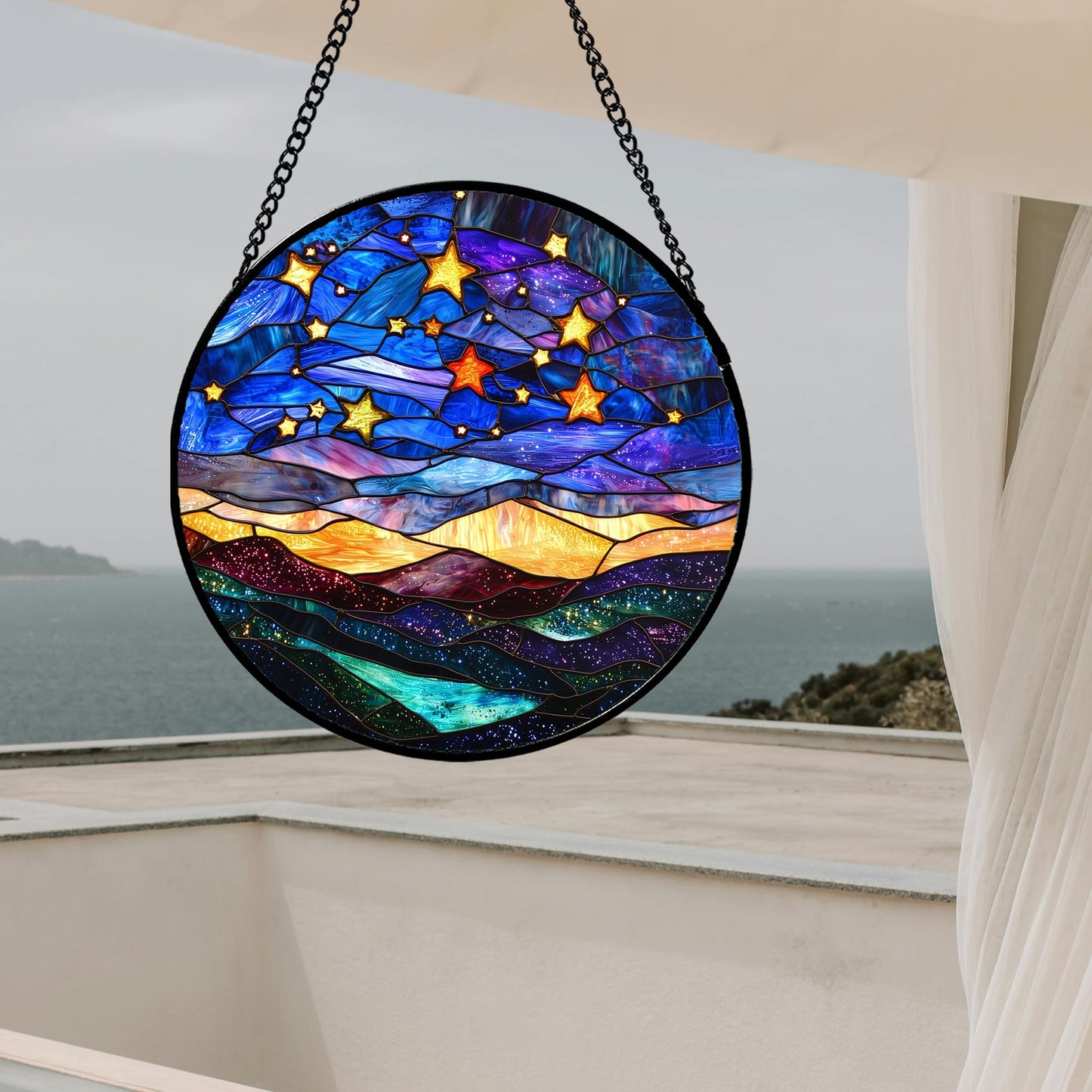 JOSUMALY Stained Glass Window Hanging, Blue Sky Gold Stars Abstract Landscape Suncatcher for Doors Window Home Sun Catchers Decor Mother's Day Birthday Gifts for Women, Men Mom 11.8 in