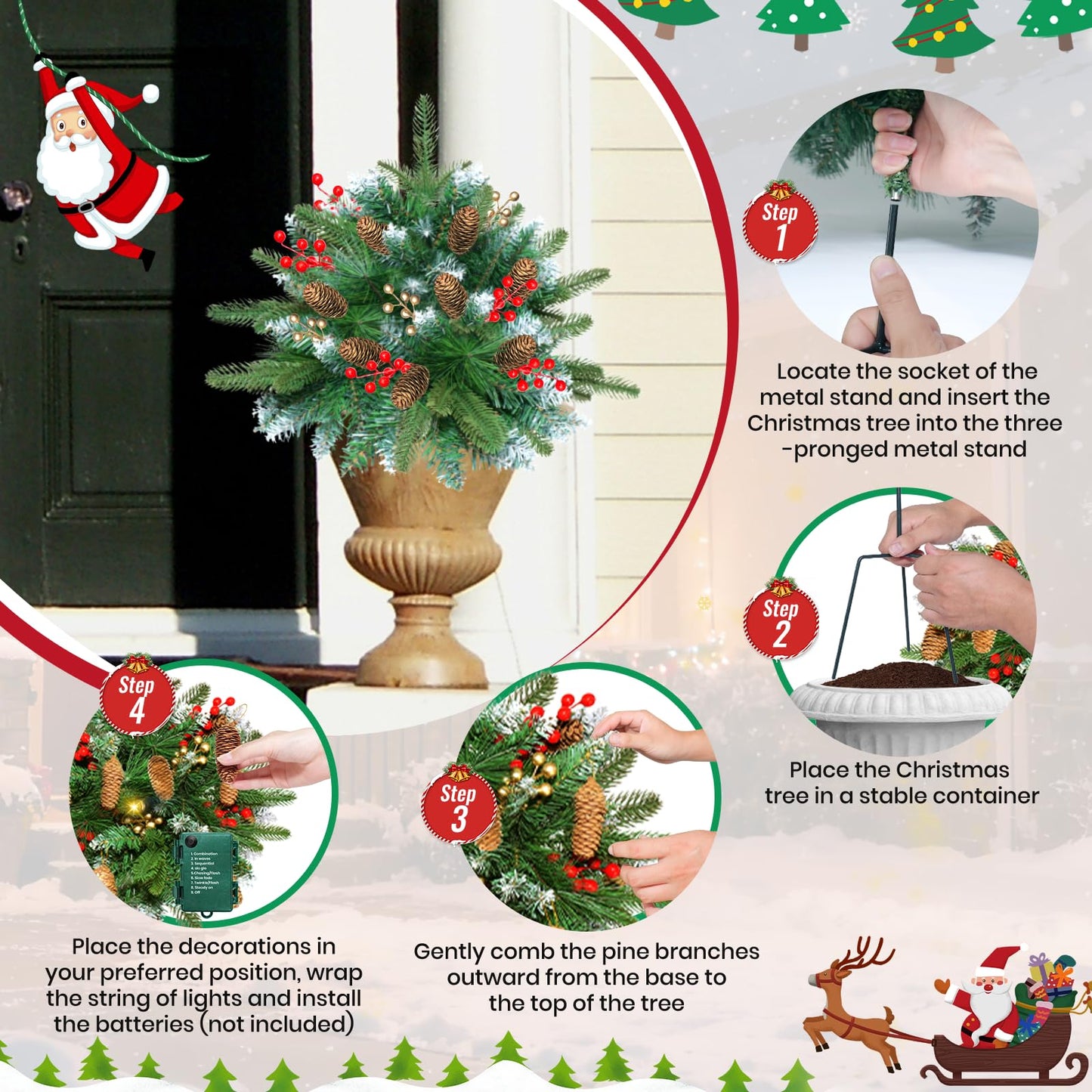 Set of 2 24Inch Lighted Christmas Tree Urn Filler, Artificial Holiday Planters, Flocked Xmas Trees with Cones Berries, Outdoor Christmas Decorations for Planter, Porch, Yard