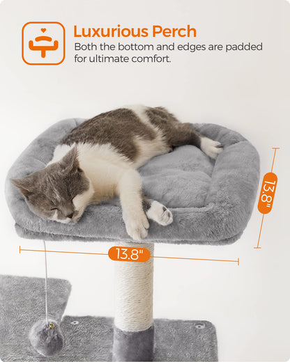 Feandrea Cat Tree, 143 cm Multi-Level Plush Cat Condo with 4 Scratching Posts, 2 Perches, Cave, Hammock, Pompoms, Light Grey