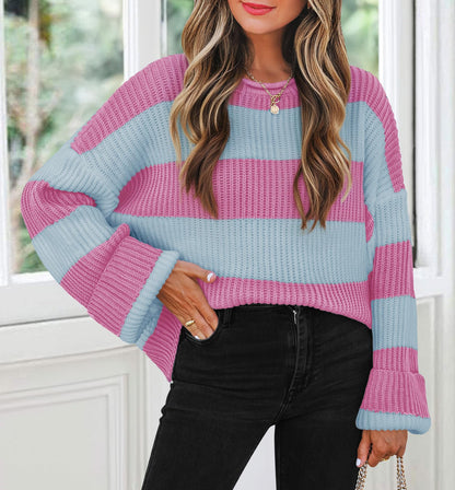 ZESICA Women's 2025 Fall Long Sleeve Oversized Striped Color Block Comfy Loose Crew Neck Knitted Pullover Sweater