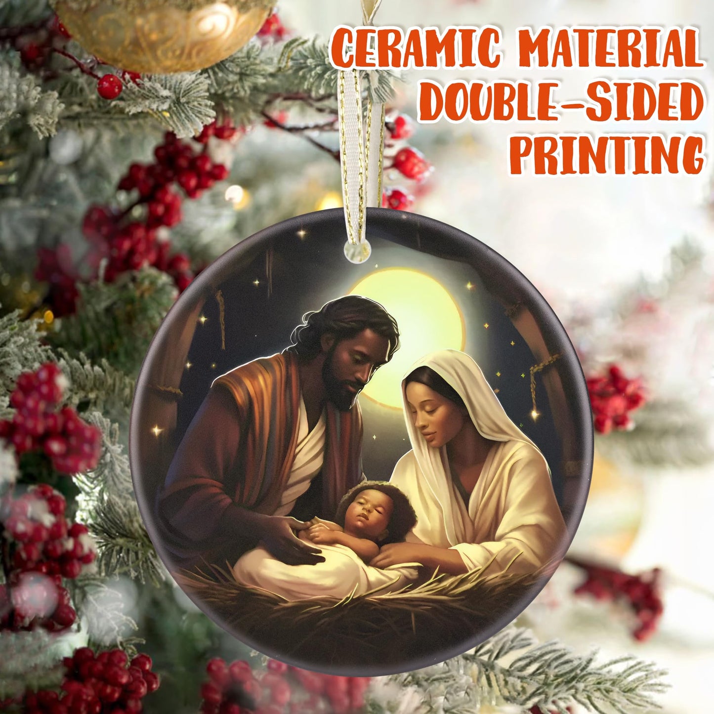LAOWEIKI Nativity Christmas Ornament, 3.5 Inch Ceramic, Christian Gift, Christmas Tree Decor