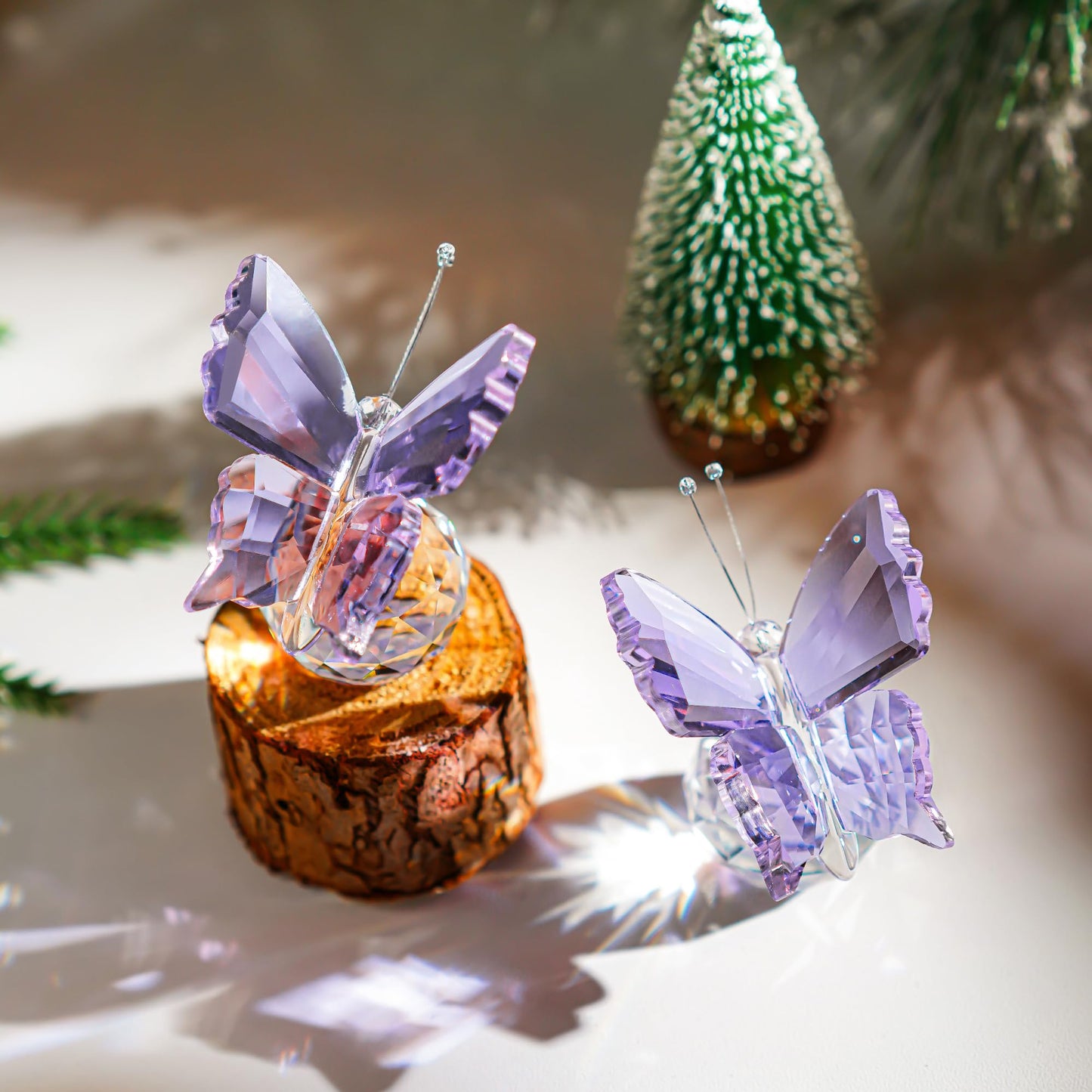 kanpura 2 Pcs Crystal Butterfly Figurines with Glass Ball Base,Glass Butterfly Statues, Crystal Animal Figurines for Home Christmas Decor(Purple)