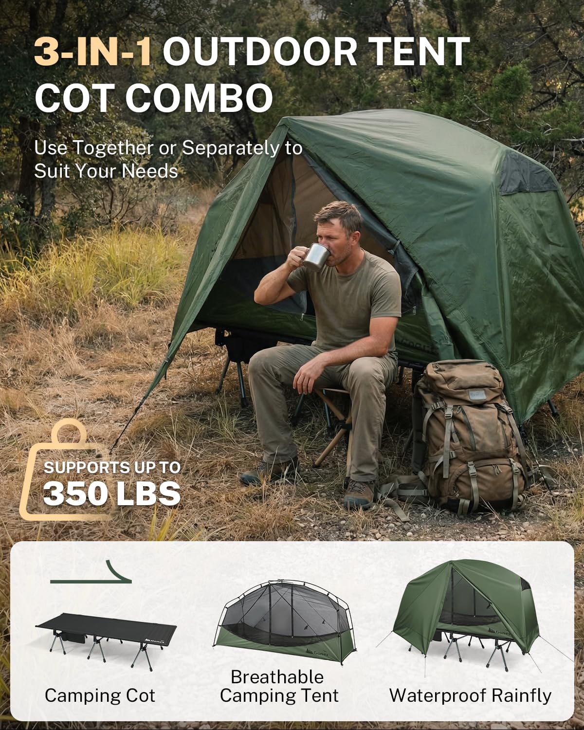 Gonex 31.5“ Camping Tent Cot for Adults, 1-Person Off-Ground Folding Portable Easy Set-up Tent Cot Combo Supports 350lbs for Hiking, Backpacking, Car & Motorcycle Camping - Army Green