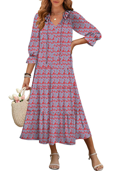 ANRABESS Women's Boho Maxi Dresses 2025 Summer Casual V Neck Puff Sleeve Floral Tiered Flowy Swing Beach Vacation Long Dress