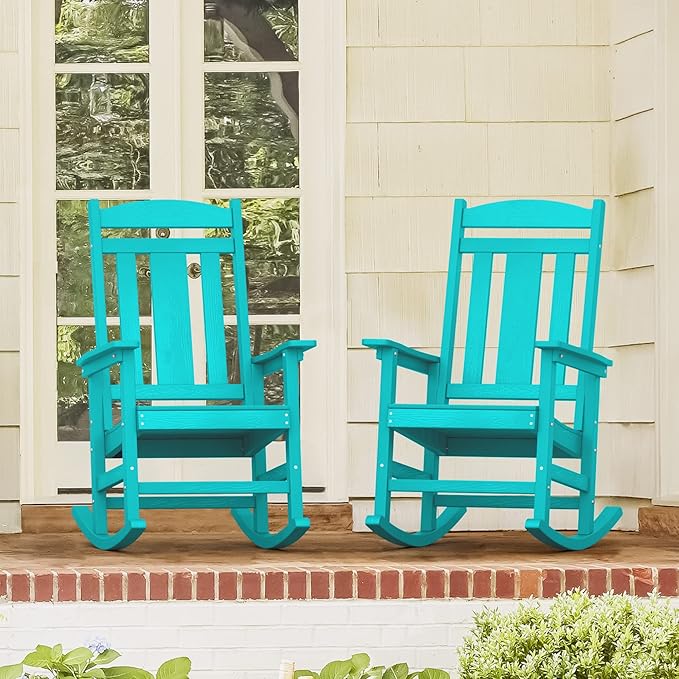 LUE BONA Outdoor Rocking Chairs Set of 2, HDPS Porch Rocker with High Back, Plastic Weather Resistant Rocking Chairs for Outdoor Indoor, Garden, Backyard, 350lb,Aruba Blue